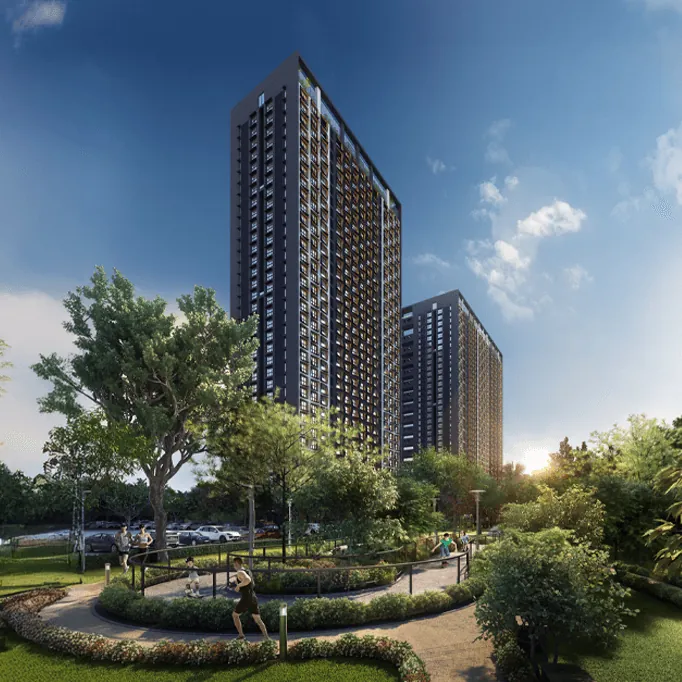 Purva Atmosphere, Thanisandra Road, artistic impression Purva Atmosphere on Thanisandra Road: towers above a landscaped garden walk