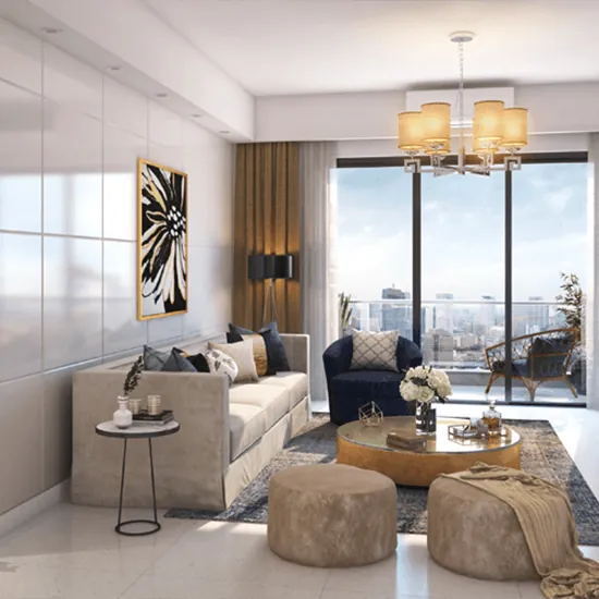 Purva Atmosphere, Thanisandra Road, artistic impression Purva Atmosphere on Thanisandra Road: a living room with a city view