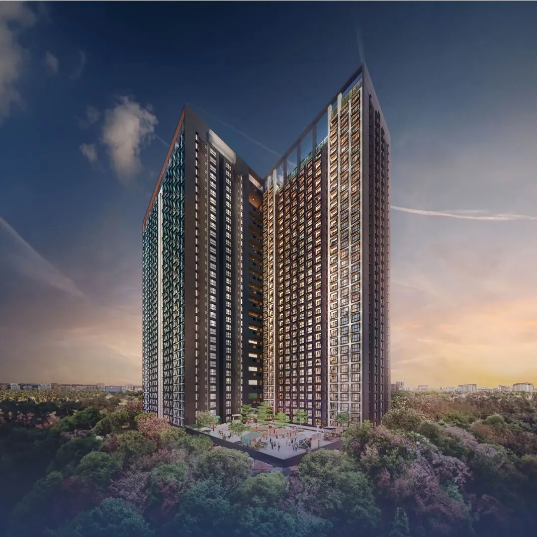 Purva Atmosphere, Thanisandra Road, artistic impression Purva Atmosphere on Thanisandra Road: residential towers lit at dusk above the trees